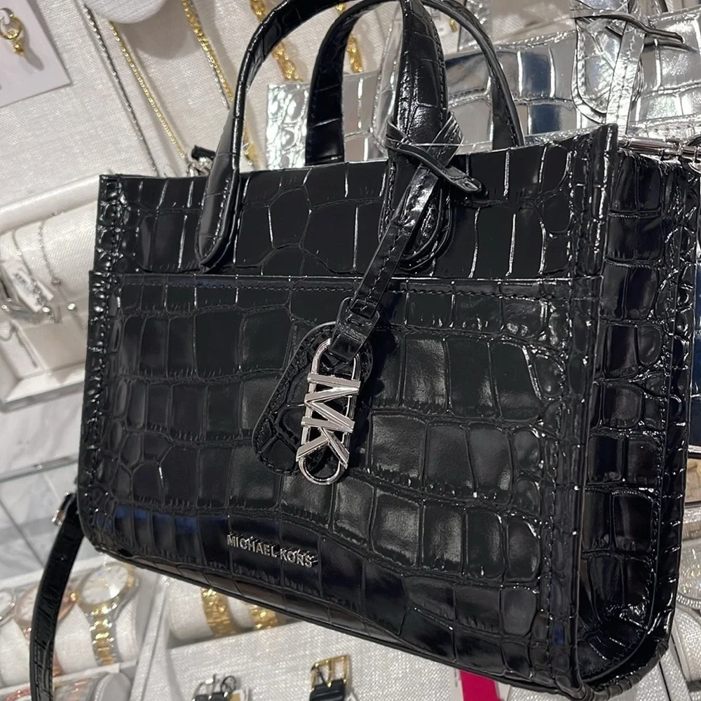 Michael Kors Gigi Small Crocodile Embossed Leather Messenger Bag Black NWT